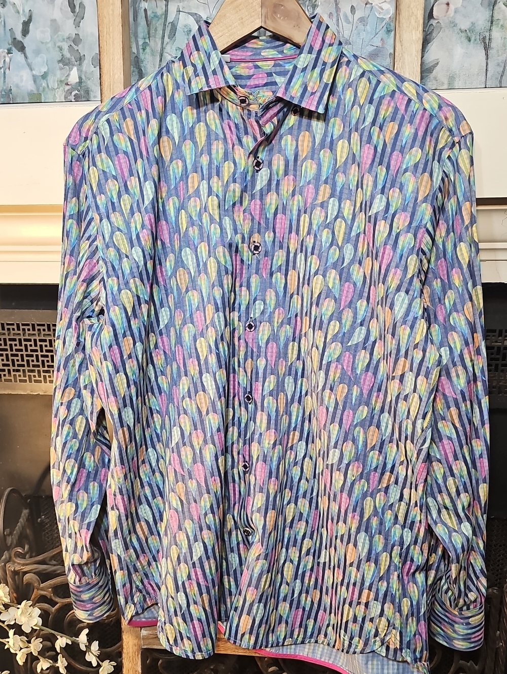 Luchiano Visconti Men's Multi Teardrop Print Button Down Long Sleeve Shirt